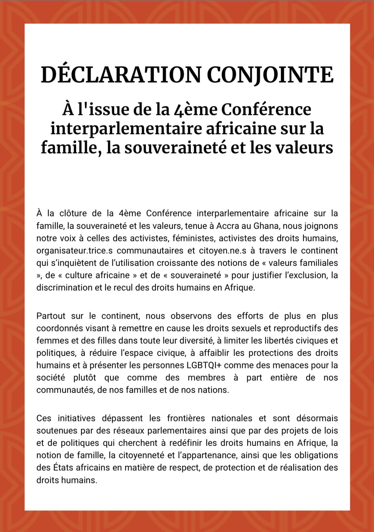DÉCLARATION COMMUNE À L'OCCASION DE LA CONFÉRENCE INTERPARLEMENTAIRE
