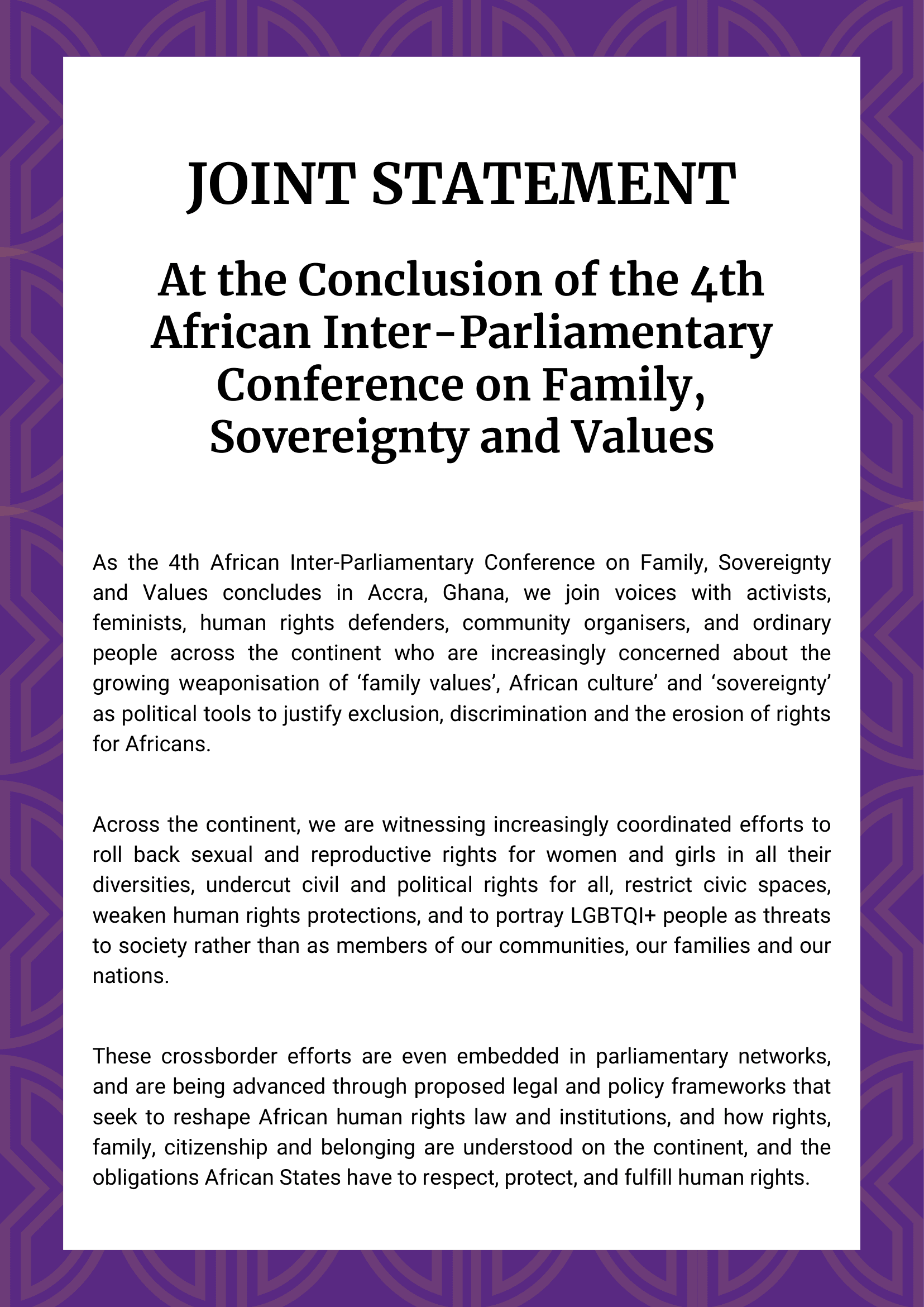 AFRICAN LBTI CAUCUS JOINT STATEMENT FOR THE INTERPARLIAMENTARY CONFERENCE